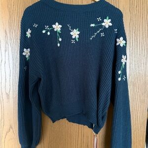 ROMWE Dark Teal Sweater with Floral Embroidery